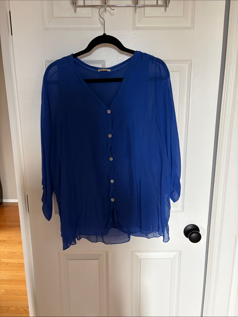 Sheer Button-Front V-Neck Blouse in Royal Blue with Camisole Made in Italy